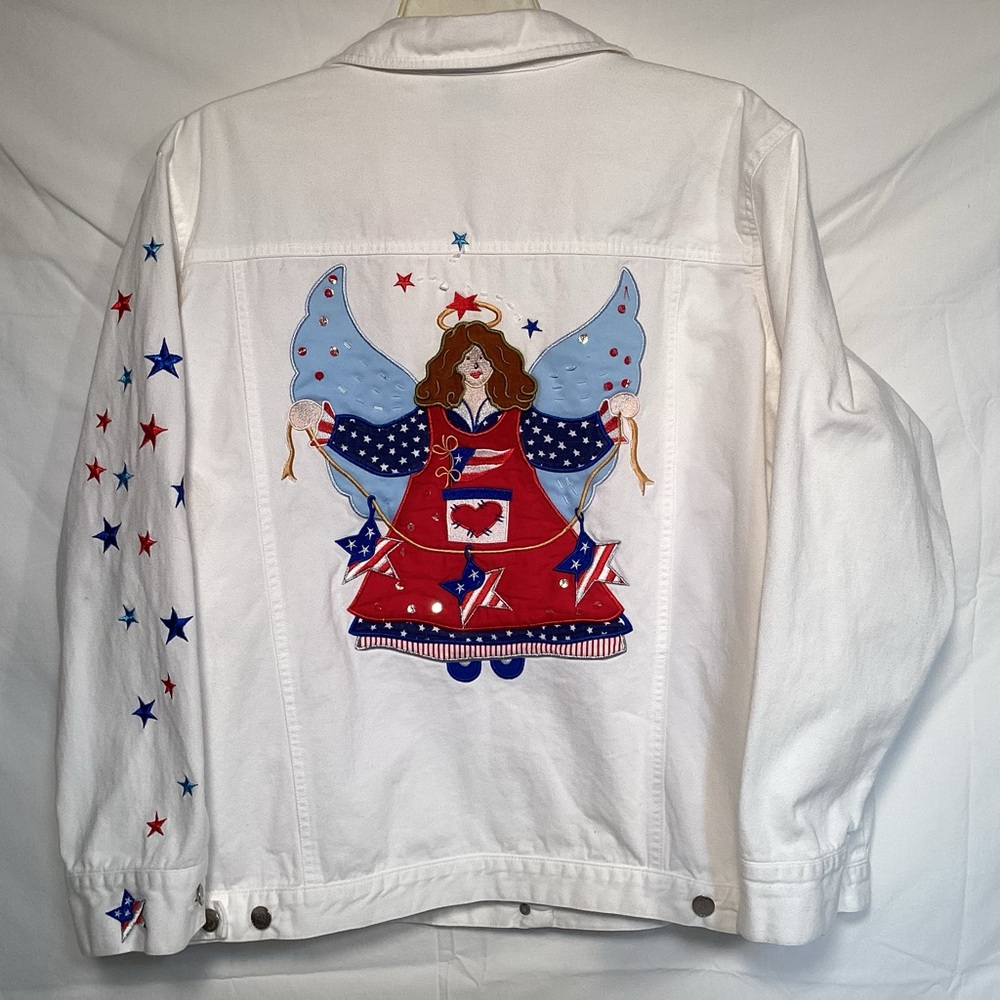 Quacker Factory White Denim Jacket Embroidered Angel And Stars Women’s Size 1X